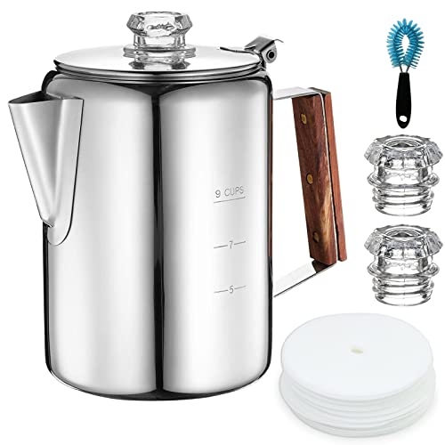 Keenature Camping Percolator Coffee Pot 9 Cups Espresso Coffee Pot for Camping with Strainer Wooden Handle Stainless Steel 15 filter Papers