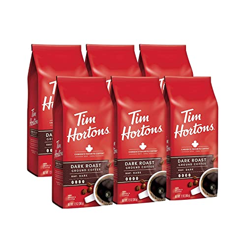 Tim Hortons Dark Roast, Rich Ground Coffee, Perfectly Balanced, Always Smooth, Made with 100% Arabica Beans, 72 Ounce, 12 Oz (Pack of 6), Red