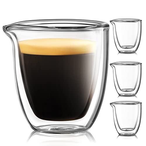 Pouring Espresso Cups Set of 4 – Glass Espresso Cups Shot Glass with Spout 2.7 OZ – Double Espresso Cups – Small Doppio Double Walled Clear Espresso Cups – Expresso Coffee Cup – Espresso Accessories