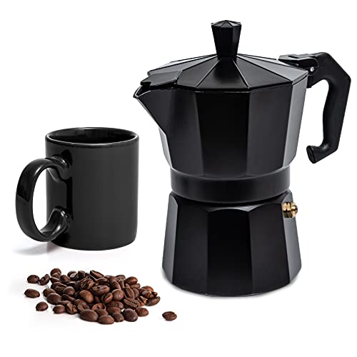 Mixpresso Aluminum Moka stove coffee maker With A Mug, Moka Pot Coffee Maker for Gas or Electric Stove Top, Classic Italian Coffee Maker, Espresso Greca Coffee Maker Brewer Percolator (Black)