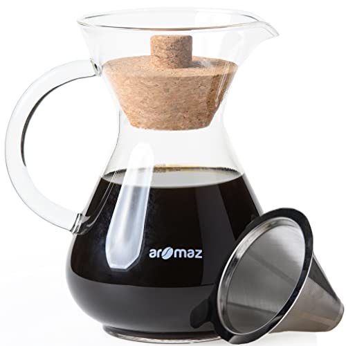 Aromaz Glass Pour Over Coffee Maker Set – 27oz – Reusable Stainless Steel Drip Filter – Cork Lid For Insulation And Decorative Display – Durable Carafe With Ergonomic Handle – 6 Servings