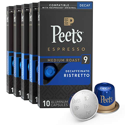 Peet’s Coffee, Dark Roast Decaf Espresso Pods Compatible with Nespresso Original Machine, Decaf Ristretto Intensity 9, 50 Count (5 Boxes of 10 Espresso Capsules)