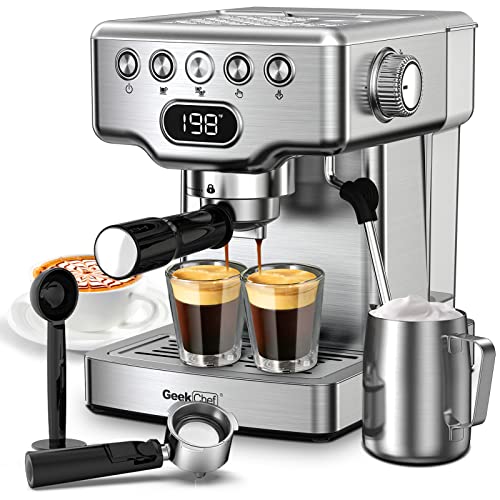 Geek Chef Espresso Machine, 20 Bar Coffee Machine, Fast Heating Automatic, Latte & Cappuccino Maker with Milk Frother Steam Wand, 1.8L Water Tank, Temperature Display, Stainless Steel