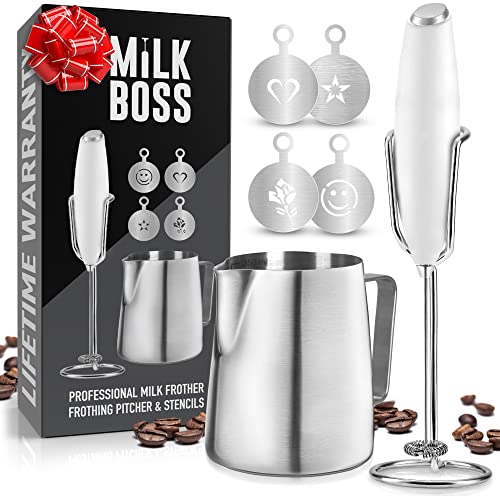Milk Boss Milk Frother for Coffee Complete Set Coffee Gift With Upgraded Ultra Stand – Handheld Foam Maker – Whisk Drink Mixer for Coffee, Mini Hand Blender – Frother, Stencils & Frothing Pitcher