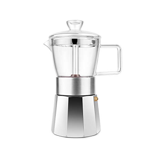 Geesta Moka Pot Premium Crystal Glass-Top Stovetop Espresso Moka Pot – 6 cup – Coffee Maker, 240ml/8.5oz/6 cup (espresso cup=40ml) Coffee Lover Gifts Ideas