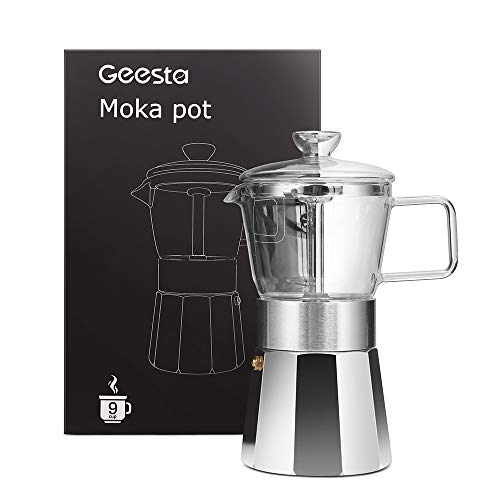 Geesta Premium Crystal Glass-Top Stovetop Espresso Moka Pot – 9 cup – Coffee Maker, 360ml/12.7oz/9 cup (espresso cup=40ml) Gift Idea for Husband Wife