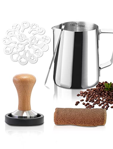Gevi Milk Frothing Pitcher 12oz/350ml for Milk Coffee Cappuccino Latte Art with 51 mm Coffee Distributor, 16 Pieces Coffee Decorating Stencils，Barista Towel, Latte Art Pen, 6PCS Coffee Set