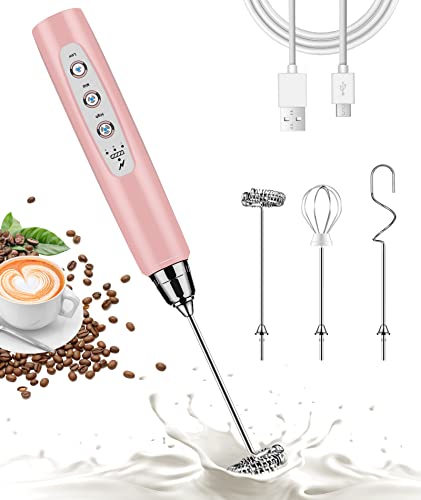 Nahida Handheld Milk Frother for Coffee, Rechargeable Electric Whisk with 3 Heads 3 Speeds Drink Mixer Foam Maker For Latte, Cappuccino, Hot Chocolate, Egg – Pink