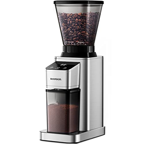 SHARDOR Anti-static Conical Burr Coffee Grinder with Precision Electronic Timer, Touchscreen Electric Adjustable Burr Mill with 48 Precise Settings, Brushed Stainless Steel