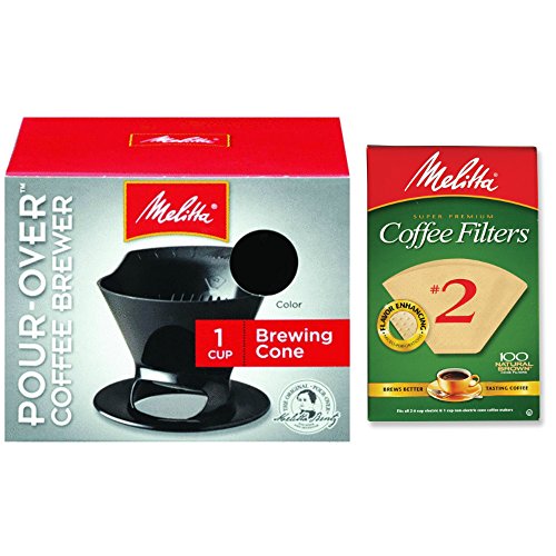 Melitta Pour Over Coffee Cone Brewer & #2 Filter Natural Brown Combo Set, Black