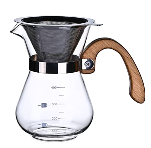 KATKAF Wooden Handle Pour Over Coffee Maker – with Double-layer Paper-free Stainless Steel Filter – Hand Coffee Dripper Brewer Pot – 13.5 Ounce/ 400 ml