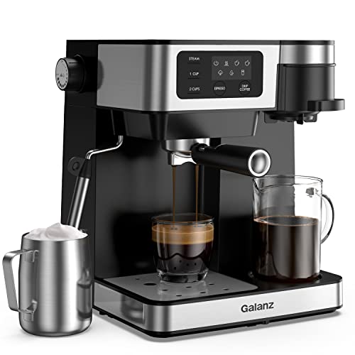 Galanz 2-in-1 Pump Espresso Machine & Single Serve Coffee Maker with Milk Frother, Latte, & Cappuccino Machine, 1.2L Removable Water Tank, LED Display Touch Control, Black with Stainless Steel Trim
