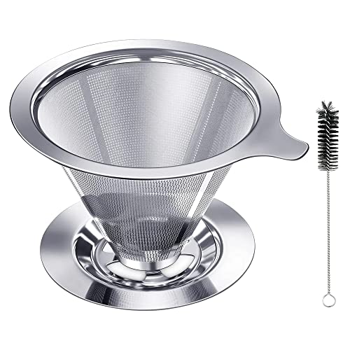 oecoel Pour Over Coffee Dripper Stainless Steel Coffee Strainer Single Cup Coffee Maker 1-4 Cups Paperless Reusable Coffee Filter With Non-slip Cup Stand And Cleaning Brush
