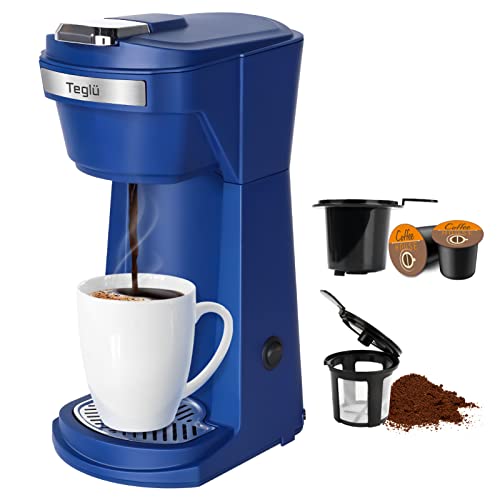 Teglu Single Serve Coffee Maker for K Cup Pod & Ground Coffee 2 in 1, K Cup Coffee Machine 6-14 oz Brew Size, Mini Single Cup Coffee Pod Fast Brewing 800W, Reusable Filter, CM-208RS, Blue