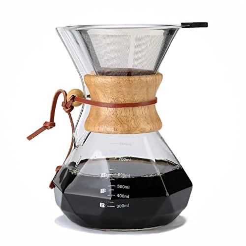 Lalord Pour Over Coffee Maker, 27oz Borosilicate Glass Carafe, Double-layer Stainless Steel Filter and Modern Wooden Collar, Glass Coffee Maker, Coffee Dripper Brewer, 800ml/ 6 Cups