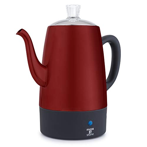 Moss & Stone Electric Coffee Percolator| Red Body with Stainless Steel Lid Coffee Maker | Percolator Electric Pot, Red Camping Coffee Pot – 10 Cups