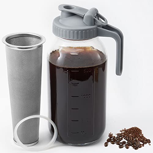 OneDream Cold Brew Coffee Maker – 2 Quart 64oz Stainless Steel Filter Cold Brew Pitcher Jar, No Leaks Cold Brew Mason Jar Coffee Maker, Easy to Clean Cold Coffee Maker