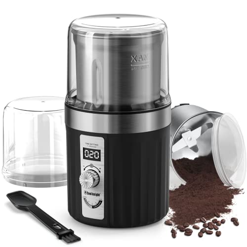 COOL KNIGHT Adjustable Coffee Grinder Electric, with Timing Setting and Removable Stainless Steel Bowl, Herb Spice Grinder Great for Coffee Bean, Spices and Herbs – 7.6″
