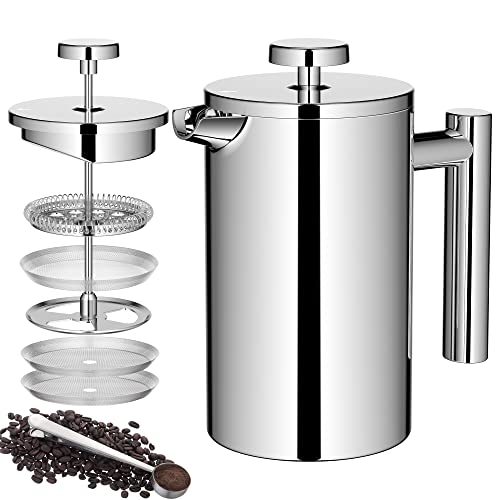 Meelio Small French Press Coffee Maker, Double-Wall Insulated French Press Coffee Press Stainless Steel, Included 2 Extra Fliters and 1 Coffee Spoon (650ML, 22 OZ)