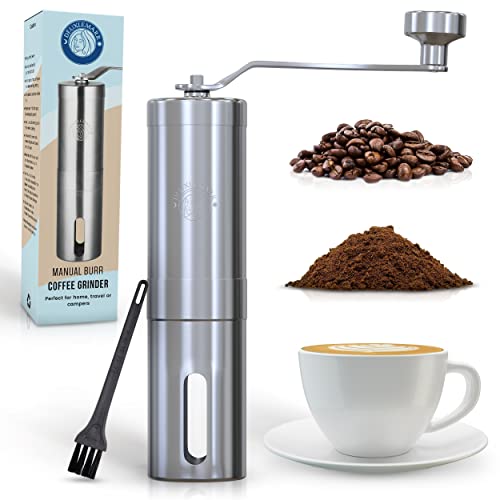 Deuxlemarr Manual Coffee Bean Grinder – Adjustable Coarseness, Stainless Steel, SS Knob, Manual Handheld Ceramic Burr for French Press, Aeropress, Cold Drip, Hand Size – with Brush