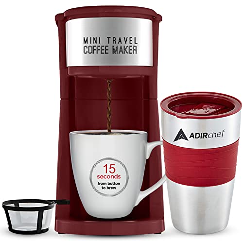 AdirChef Single Serve Mini Travel Coffee Maker & 15 oz. Travel Mug Coffee Tumbler & Reusable Filter for Home, Office, Camping, Portable Small and Compact for Fathers Day (Ruby Red)