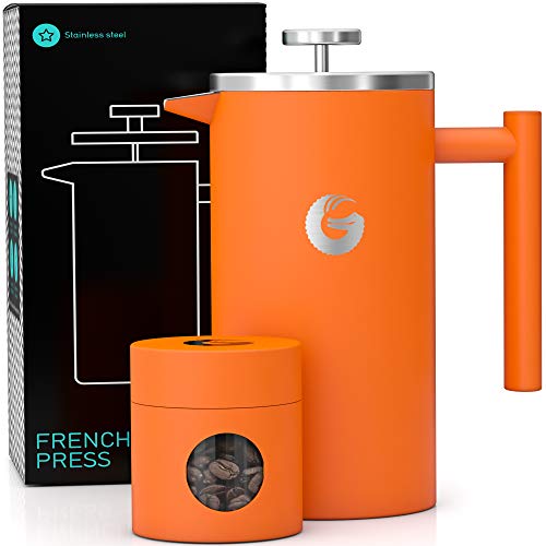 Coffee Gator French Press Coffee Maker – Thermal Insulated Brewer Plus Travel Jar – Large Capacity, Double Wall Stainless Steel – 34oz – Orange