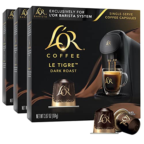 L’OR Coffee Pods, 30 Capsules Le Tigre Dark Roast Blend, Single Cup Aluminum Coffee Capsules Exclusively Compatible with the L’OR BARISTA System