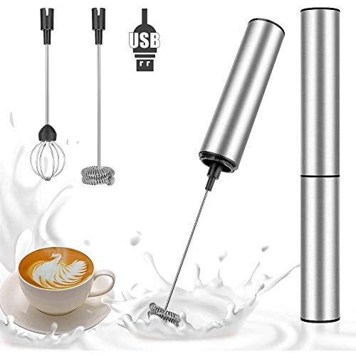 Milk Frother Rechargeable, Mathtoxyz Stainless Steel Milk Frothers Handheld Foam Maker Travel Kitchen Coffee Frother Wand for Coffee Lattes Cappuccino Matcha Hot Chocolate