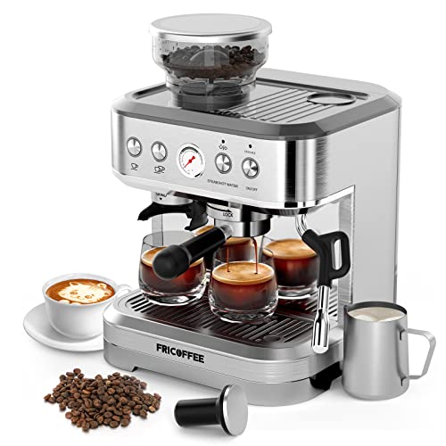 Fricoffee Espresso Machine with Milk Frother, Coffee Espresso Machine with Grinder, Cappuccino Machine Stainless Steel for Home Commercial Use, Gift fot Father Coffee Lovers