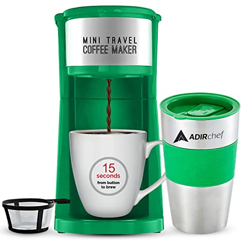 AdirChef Single Serve Mini Travel Coffee Maker & 15 oz. Travel Mug Coffee Tumbler & Reusable Filter for Home, Office, Camping, Portable Small and Compact (Green)