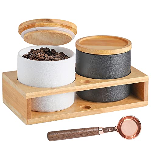 Coffee Containers with Shelf & Scoop – 2 x 17.9OZ(530 ML) Ceramic Airtight Coffee Bean Storage Container Food Storage Jar with Wood Lid for Loose Leaf Tea/Nuts/Snack/Sugar in Kitchen (Black&White)