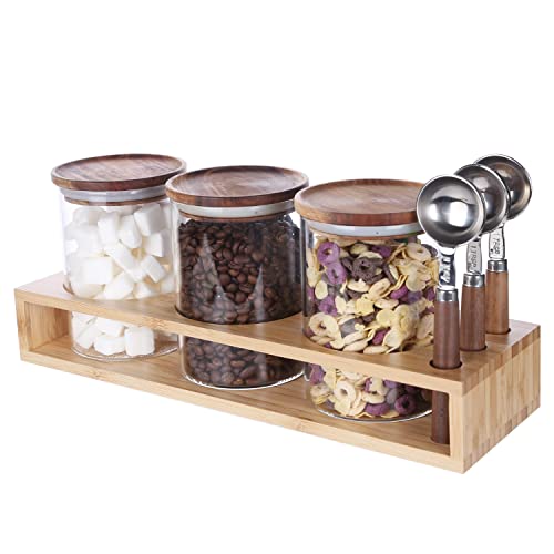 KKC HOME ACCENTS Sealed Glass Food Storage Jars with Scoop for Kitchen Counter,Glass Tea Canisters for Loose Tea,Ground Coffee,Bean,Sugar,Nut,Wooden Top Glass Containers with Spoons,25 Fluid-oz