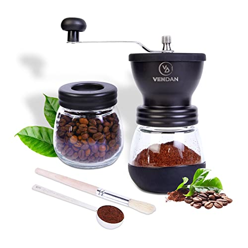 VenDan Manual Coffee Grinder – Hand Crank Coffee Grinder with Travel Jar – Coffee Bean Grinder – Incl. Coffee Scoop & Cleaning Brush – Molino de Cafe