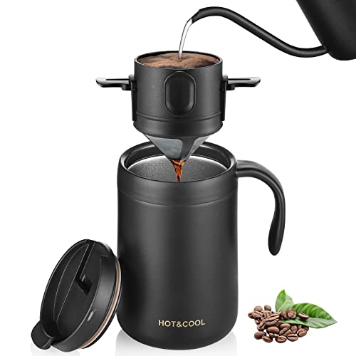 TEBICOO 16oz Camping Coffee Maker Pour Over Coffee Maker Set with Stainless Steel Coffee Mug + Collapsible Pour Over Coffee Filter – for Travel Camping Offices Backpacking