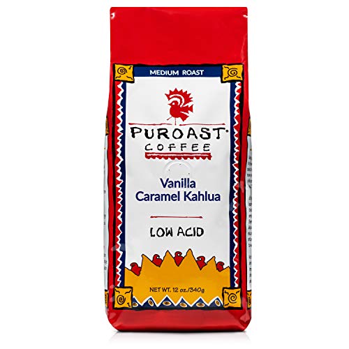 Puroast Low Acid Coffee Ground Vanilla Caramel Kahlua, Medium Roast, Certified Low Acid Coffee, pH 5.5+, Gut Health, 12 oz., Higher Antioxidant, Smooth for Espresso, Iced Coffee, Flavored Coffee