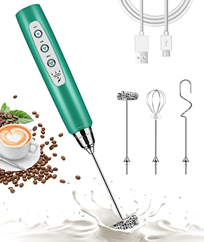 Nahida Handheld Milk Frother for Coffee, Rechargeable Electric Whisk with 3 Heads 3 Speeds Drink Mixer Foam Maker For Latte, Cappuccino, Hot Chocolate, Egg – Green