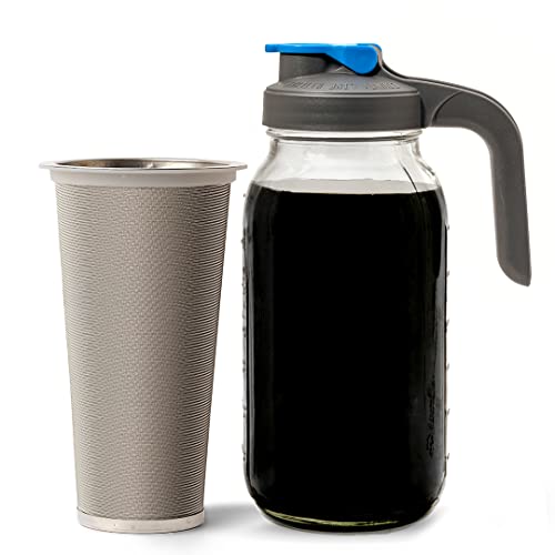 County Line Kitchen – Cold Brew Mason Jar Iced Coffee Maker, Durable Glass, Heavy Duty Stainless Steel Filter, Flip Cap Lid – 32 oz (1 Quart), With Handle