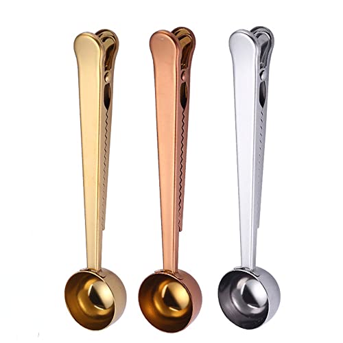 3Pcs Stainless Steel Golden Multi Function Coffee Coffee Scoop Coffee Scoop Clip 2 in 1 Stainless Steel 1 Tbsp Ground Measuring Spoon with Bag Clip for Coffee Tea