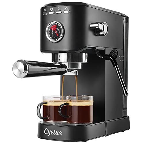 CYETUS Espresso Machine with Milk Frother Steaming Wand, Barista Coffee Machine with Pressure Gauge, Cafe Maker Latte Cappuccino Coffee Maker Black Stainless Steel