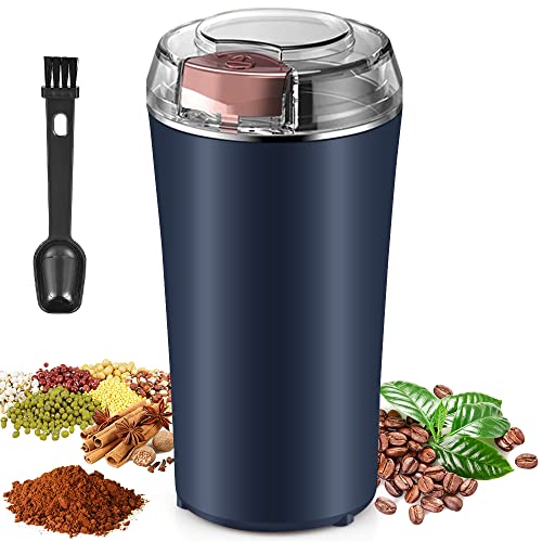 Finphoon Coffee Grinder Electric, Spice Grinder, Coffee Bean Herb Grinder with Integrated Brush Spoon, One-touch Push-Button Stainless Steel Grinding for Herb Peanut Grains Beans(Blue)