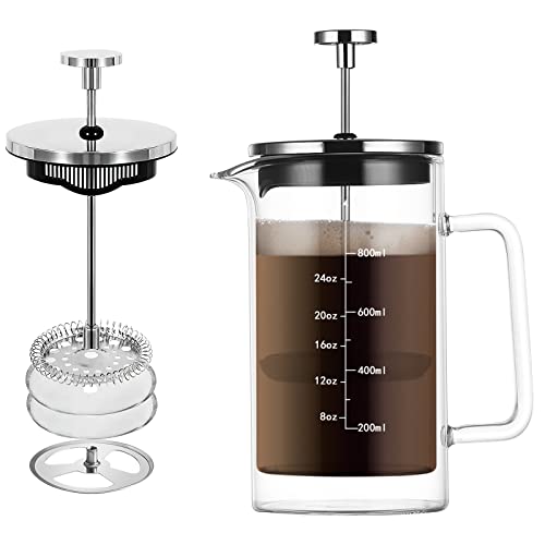 Upspirit French Press Coffee Maker, Coffee Presses Glass Double Wall Insulated Hot Cold Brew Coffee Tea Maker, 6 Cup Espresso Pot With 3 Filters, 27oz/800ml