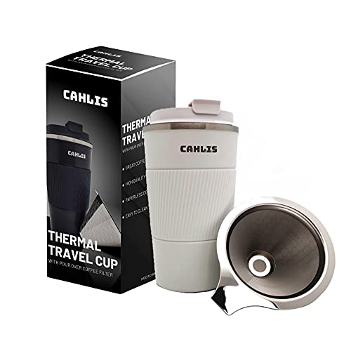Pour Over Coffee Maker for Travel – all-in-one Travel Coffee Maker and Thermal Cup – One Cup Pour Over Coffee Maker with Vacuum Insulated Stainless Steel Cup and Paperless Filter Dripper (White, 20 oz)