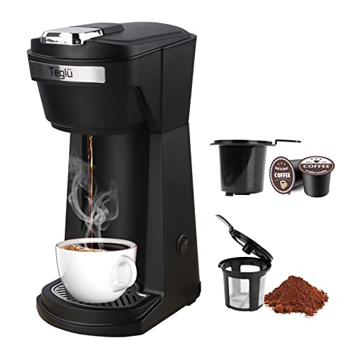2 in 1 Single Serve Coffee Maker for K Cup Pods & Ground Coffee, Mini K Cup Coffee Machine with 6 to 14 oz Brew Sizes, Single Cup Coffee Brewer with One-Press Fast Brewing, Reusable Filters, Black