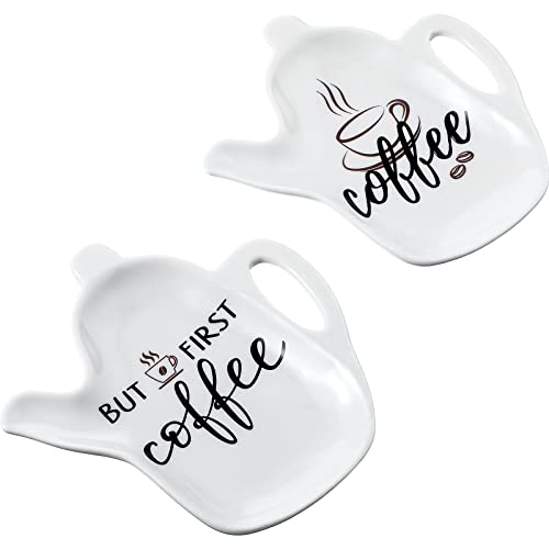 2 Pieces Ceramic Coffee Spoon Holder Rest Funny Coffee Quote But First Coffee for Coffee Lovers Nice Christmas Present Coffee Station Decor Coffee Bar Accessories