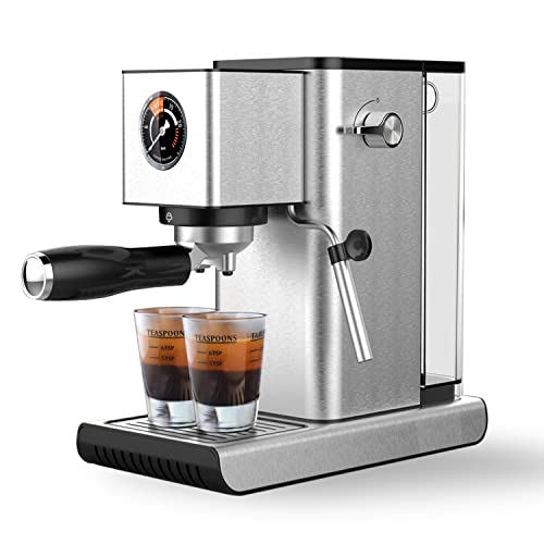 CONZIE Espresso Machine 20 Bar Expresso Coffee Machines Steamer Coffee Machine with Milk Frother/Steam Wand 40oz Water Tank 1400W Stainless Steel Silver Suitable for latte and cappuccino making