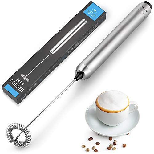 Zulay Skinny Milk Frother Handheld Mini Mixer – Stainless Steel Coffee Frother Electric Handheld Frother For Coffee, Latte, Frappe – Cordless Battery Operated Electric Whisk & Milk Foamer