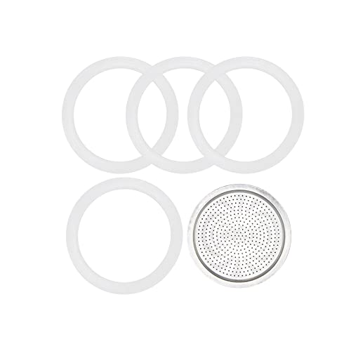 MEFONKOU 4 Rubber Coffee Gasket and 1 Stainless Filter Replacement for Aluminium Maker Coffee Pots Stove top 3 Cups