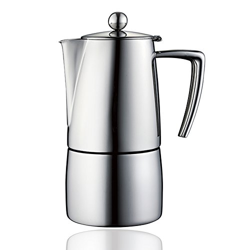 Minos Moka Pot Espresso Maker: Makes 6 Espresso Shots Suitable for Ceramic, Gas and Electric Stovetop – Stainless Steel With Flat Bottom and Heatproof Handle, Wear and Scratch-Resistant