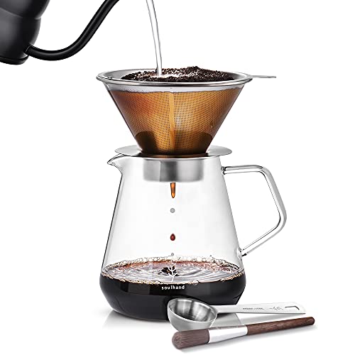 Pour Over Coffee Maker, Soulhand Pour Over Coffee Brewer with Stainless Steel Coffee Filter, 5 Cups Large Capacity Dripper Coffee Maker Pour Over with Coffee Scoop, Coffee Brush – 800ml/28oz
