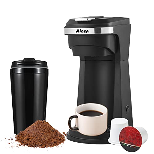 Aiosa 2 in 1 Single Serve K cup Coffee Maker 14Oz,With Travel Cup,Mini Single Personal Coffee Maker Machine,One Button Operation,Auto Shut Off,800W With Resuable Filter, One Cup Coffee Maker